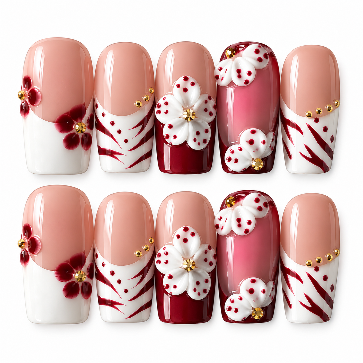 Burgundy Blossom Luxe | 3D Floral Press-On Nails 🌺✨