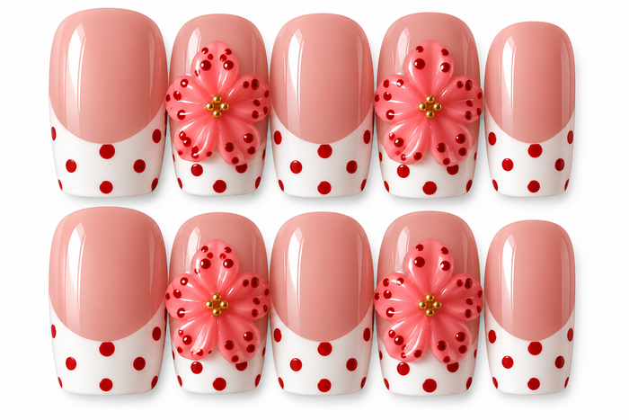 Rosy Polka Dot Blossom | 3D Floral Press-On Nails πΈβ€οΈ