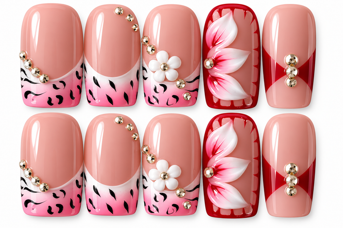 Blushing Wildflower Luxe | 3D Floral Press-On Nails πΈβ¨