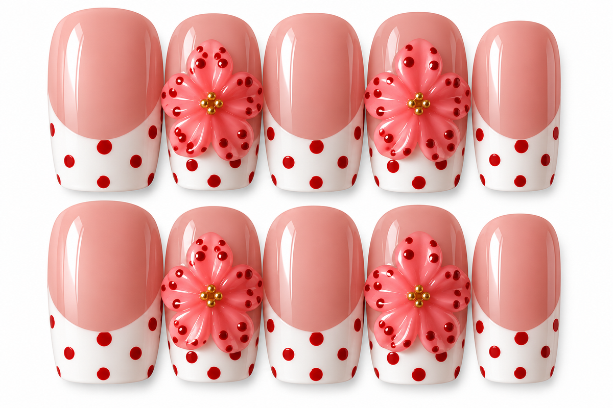 Rosy Polka Dot Blossom | 3D Floral Press-On Nails 🌸❤️