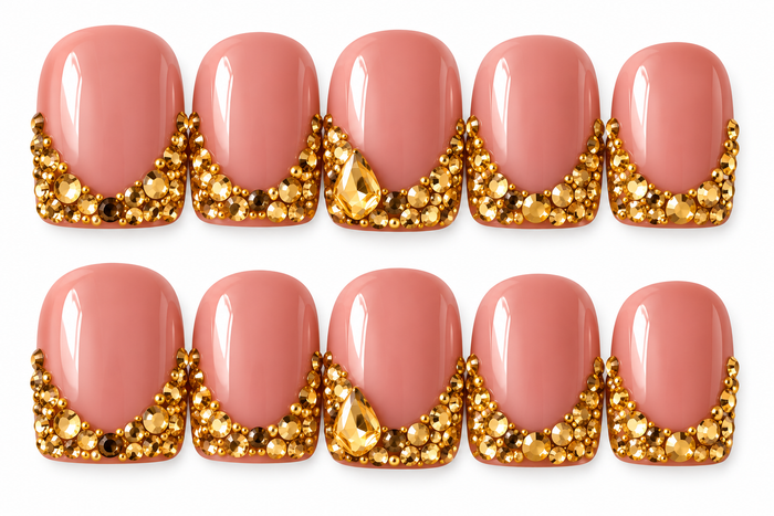 Golden Glam Luxe | Rhinestone French Tip Press-On Nails ✨💛