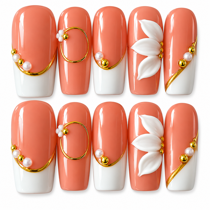 Peach Blossom Luxe | 3D Floral Press-On Nails 🌸✨