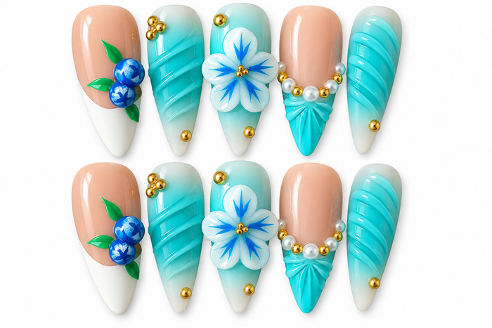Blueberry Bliss Luxe | 3D Floral Press-On Nails 🫐🩵