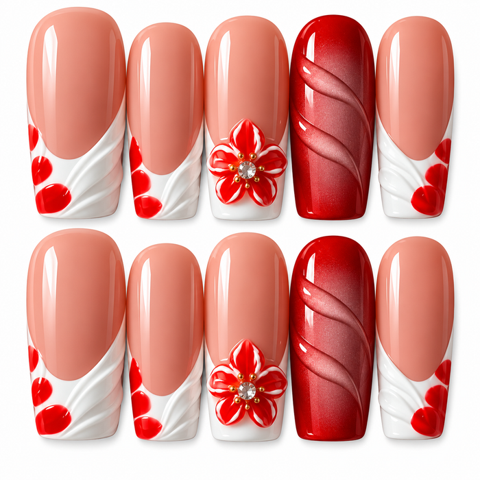 Ruby Blossom Luxe | 3D Floral Press-On Nails ❤️🌺